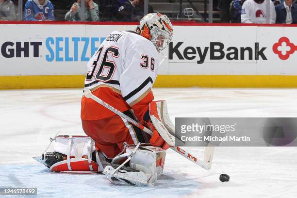 Goaltender John Gibson of the Anaheim Ducks eyes a loose puck in the third period against the Colorado Avalanche at Ball Arena on January 26, 2023 in...