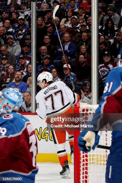 Frank Vatrano of the Anaheim Ducks celebrates a goal against the Colorado Avalanche at Ball Arena on January 26, 2023 in Denver, Colorado.