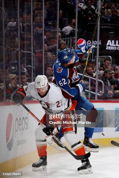 Dmitry Kulikov of the Anaheim Ducks collides with Artturi Lehkonen of the Colorado Avalanche at Ball Arena on January 26, 2023 in Denver, Colorado....