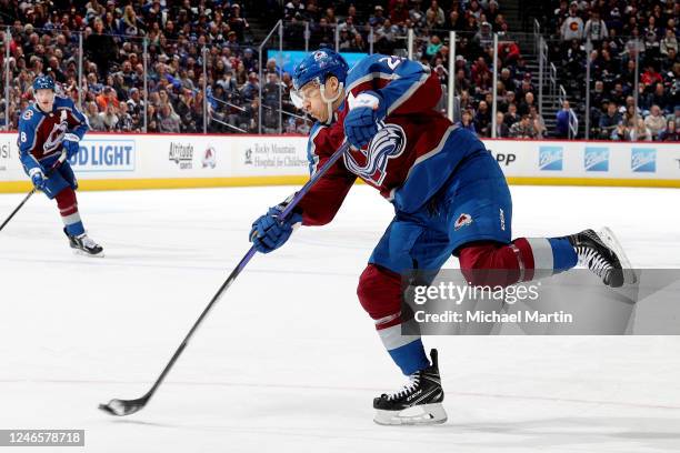 Nathan MacKinnon of the Colorado Avalanche takes a shot against the Anaheim Ducks at Ball Arena on January 26, 2023 in Denver, Colorado.