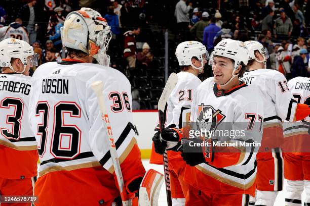 Goaltender John Gibson and Frank Vatrano of the Anaheim Ducks celebrate a win against the Colorado Avalanche at Ball Arena on January 26, 2023 in...