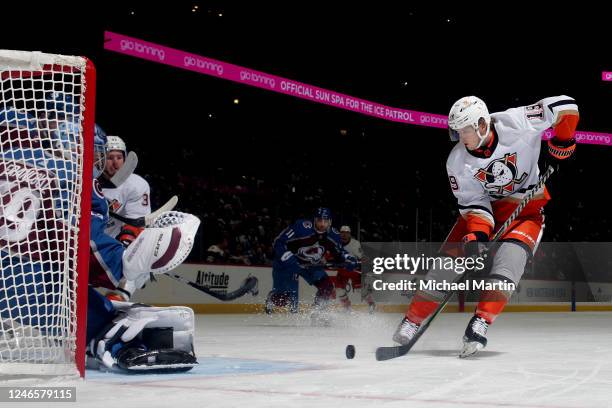 Troy Terry of the Anaheim Ducks looks to shoot against goaltender Pavel Francouz of the Colorado Avalanche at Ball Arena on January 26, 2023 in...