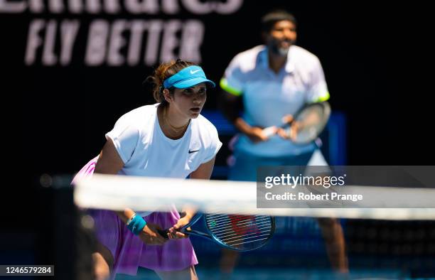 Sania Mirza of India in action with partner Rohan Bopanna of India playing against Luisa Stefani of Brazil and Rafael Matos of Brazil in the mixed...