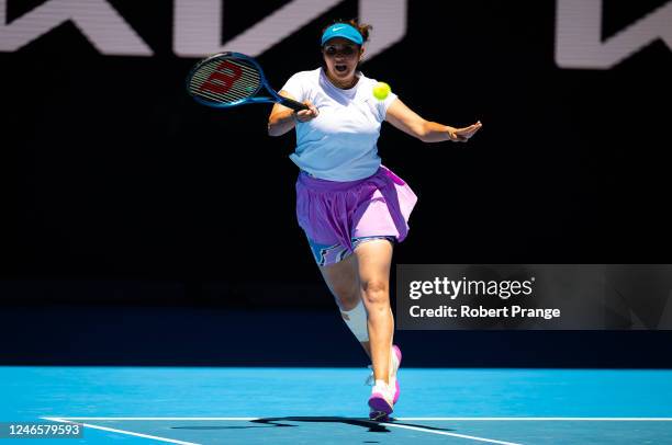 Sania Mirza of India in action with partner Rohan Bopanna of India playing against Luisa Stefani of Brazil and Rafael Matos of Brazil in the mixed...