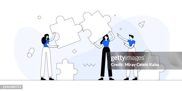 concept of teamwork. modern flat line vector illustration. - three young men stock illustrations