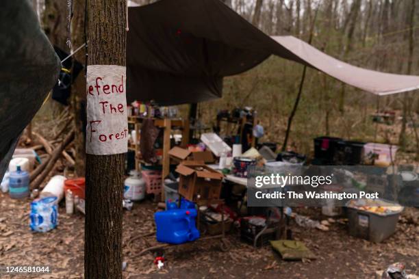 An abandoned protest campsite is seen inside Weelaunee People's Park days after protester Manuel Teran was kiled during a police raid, on Saturday,...