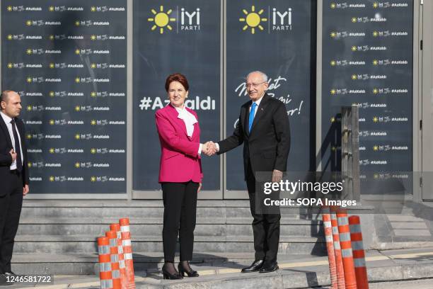 Good Party Chairman Meral Aksener greets Republican People's Party Chairman Kemal Klçdarolu he arrives at the Good Party Headquarters to meet with...