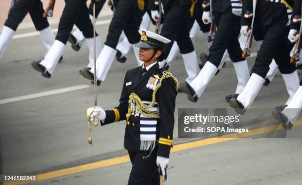 Indian Coast Guard contingent march at Kartavya Path during the 74th Republic Day Parade celebration. Republic Day is celebrated in India every...