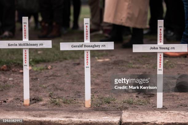 Memorial crosses are pictured in Parliament Square during a vigil to commemorate the 51st anniversary of the Bloody Sunday massacre on 26 January...