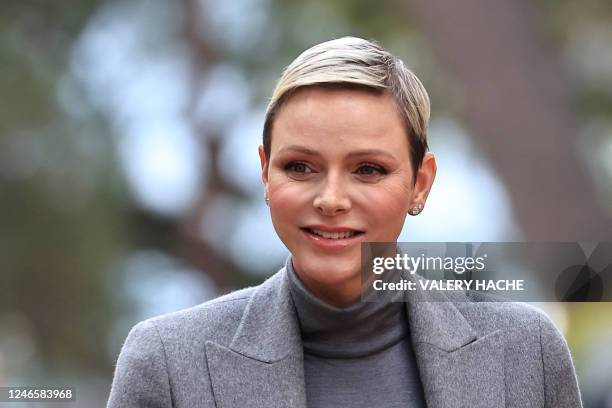 Princess Charlene of Monaco arrives at the cathedral to take part in the traditional festivities of Sainte Devote in the Principalty of Monaco on...