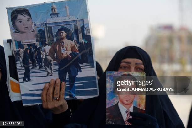 Iraqi women rally in Baghdad's Tahrir Square on January 25, 2023 demanding a general amnesty for male relatives jailed and sentenced to death over...