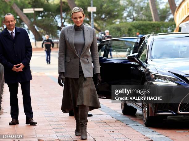 Princess Charlene of Monaco arrives at the cathedral to take part in the traditional festivities of Sainte Devote in the Principalty of Monaco on...