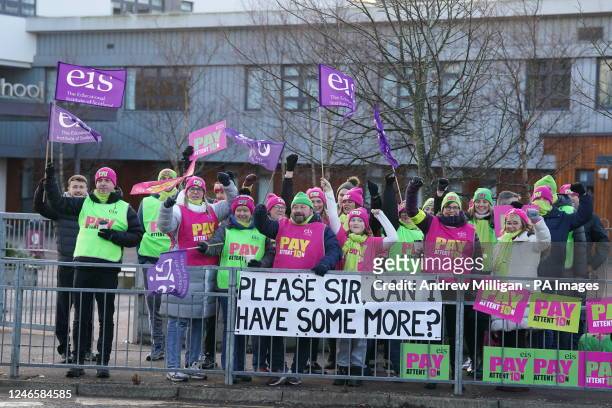Teachers on the picket line outside Falkirk High School in Stirlingshire, in a protest over pay. Members of the Educational Institute of Scotland...
