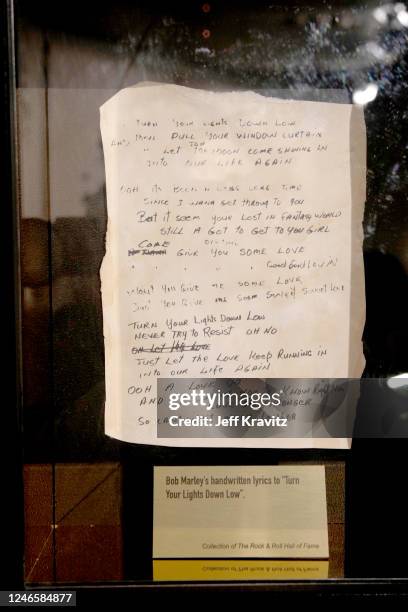 The handwritten lyrics to Bob Marleys Turn Your Lights Down Low at the Grand Opening Of The Bob Marley One Love Experience at Ovation Hollywood on...