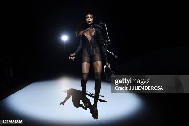 Model presents a creation for Mugler during the Haute-Couture Spring-Summer 2023 Fashion Week in Paris on January 26, 2023.