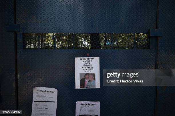 An image of Jeffrey Epstein and Donald Trump printed on a paper is seen during a protest against police brutality on June 05, 2020 in Mexico City,...