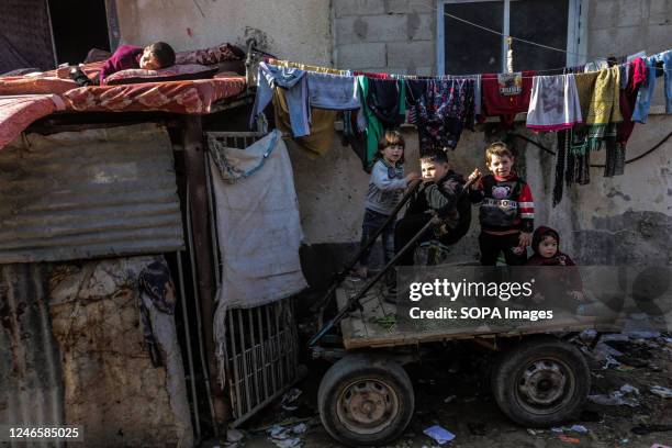 Palestinian children are playing in front of a house in a poor neighborhood in the town of Beit Lahiya in the northern Gaza Strip. This neighborhood...