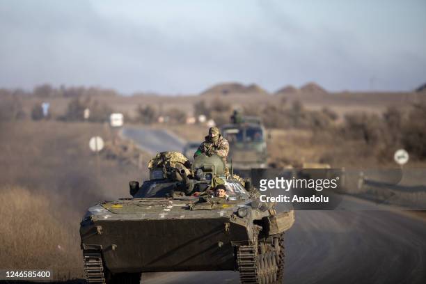 Ukrainian soldiers are seen on their ways to the frontlines with their armored military vehicles as the strikes continue on the Donbass frontline,...
