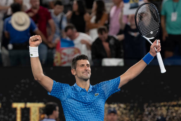 Novak Djokovic of Serbia celebrates winning in the Semifinal singles match against Tommy Paul of the United States during day twelve of the 2023...