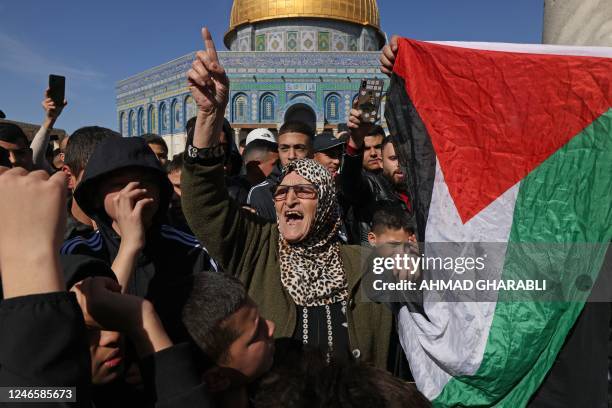 Palestinians protest in the Al-Aqsa mosques compound in Jerusalem on January 27, 2023 after one of the deadliest Israeli army raids in the occupied...