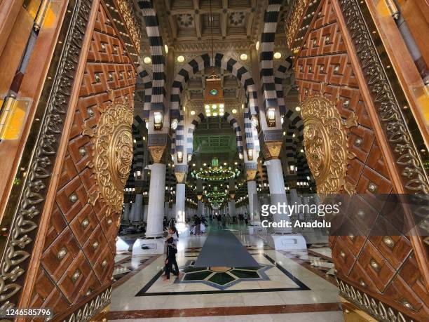 An interior view of the Al-Masjid an-Nabawi in Medina, Saudi Arabia on January 10, 2023. Masjid an-Nabawi is known as the second largest masjid in...