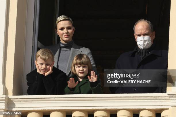 LtoR, Prince's Jacques of Monaco, Princess Charlene of Monaco, Princess Gabriella and Prince's Albert II of Monaco appear on the balcony during the...