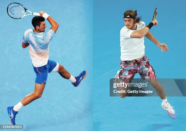In this composite image a comparison has been made between Novak Djokovic and Stefanos Tsitsipas. They will meet in the Australian Open Men’s Final...