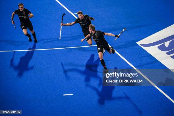 Germany's players and German Niklas Wellen celebrates after scoring during a game between Australia and Germany, a semi-final match at the 2023 Men's...