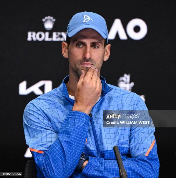 Serbia's Novak Djokovic gives a press conference after his victory against Tommy Paul of the US after their men's singles semi-final match on day...
