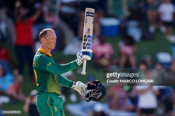 South Africa's Rassie van der Dussen celebrates after scoring a century during the first one day international cricket match between South Africa and...