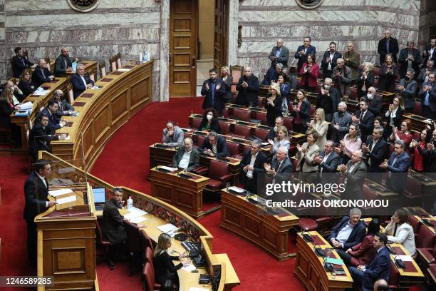 Greek opposition leader Alexis Tsipras delivers a speech during the third day of the discussion on a confidence vote, at the plenum of the Greek...