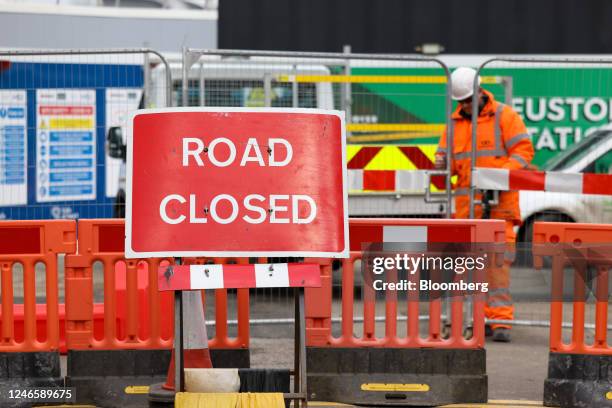 Traffic sign reading "Road Closed" near the Barhale Compound HS2 high-speed rail line construction site near London Euston railway station in London,...