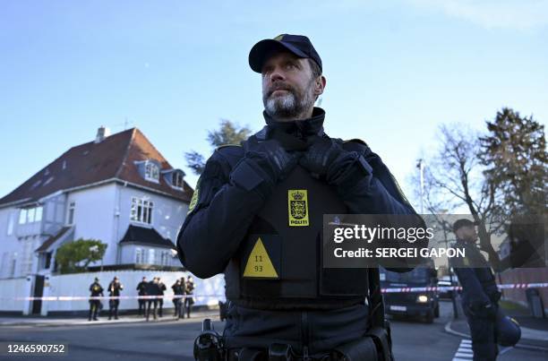 Police secure the area in front of the Turkish embassy in Copenhagen, where Danish far-right politician Rasmus Paludan has annonced to burn a copy of...