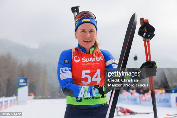 Anastasiya Merkushyna of Ukraine celebrates her victory in the Women's Sprint at the IBU Open European Championships Biathlon on January 27, 2023 in...