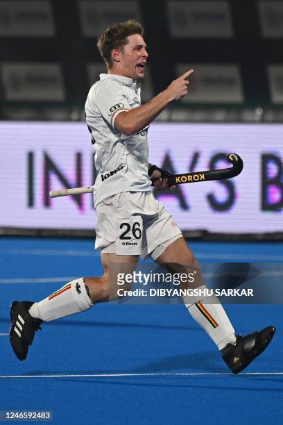Belgium's Victor Wegnez reacts during the men's semi-final match between Belgium and Netherlands at the FIH Odisha Field Hockey Men's World Cup 2023,...