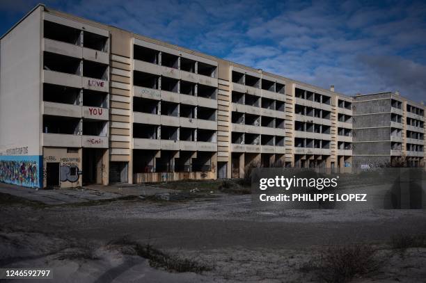 This picture taken on January 27, 2023 shows the Signal building in Soulac-sur-Mer prior to its demolition planned to take place early on 2023. - The...