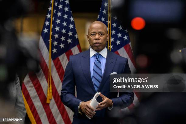 New York mayor Eric Adams looks on during an announcement on subway safety at a press conference at Fulton Transit Center on January 27, 2023 in New...