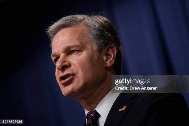 Director Christopher Wray speaks during a news conference to announce recent law enforcement action in transnational security threats case, at the...