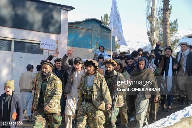 Taliban security forces march during a protest against the burning of the Koran by Swedish-Danish far-right politician Rasmus Paludan, after Friday...