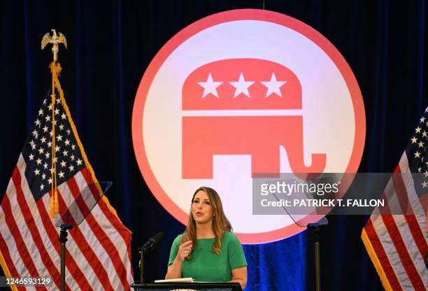 Ronna McDaniel, Chairwoman of the Republican National Committee speaks during the 2023 Republican National Committee Winter Meeting in Dana Point,...