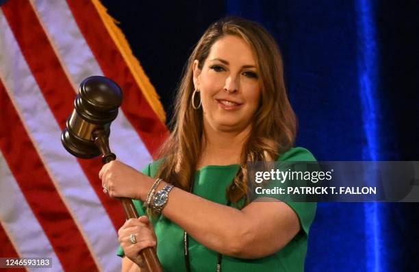 Ronna McDaniel, Chairwoman of the Republican National Committee holds the gavel at the start of the 2023 Republican National Committee Winter Meeting...
