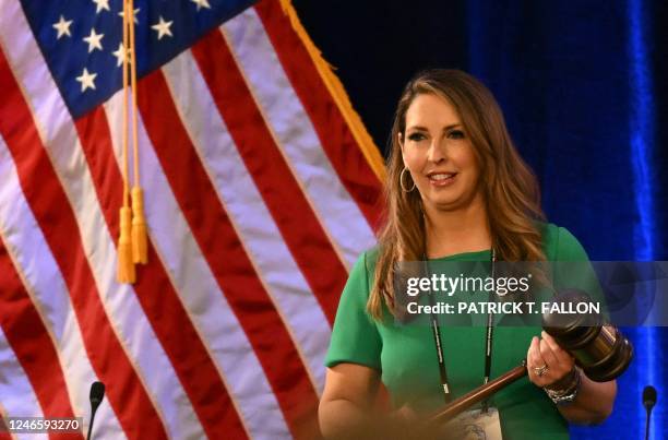 Ronna McDaniel, Chairwoman of the Republican National Committee holds the gavel at the start of the 2023 Republican National Committee Winter Meeting...