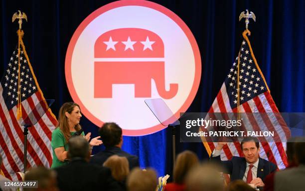 Ronna McDaniel , Chairwoman of the Republican National Committee and Tommy Hicks , Co-Chairman of the Republican National Committee during the 2023...