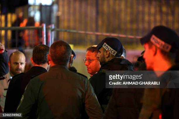 Israeli Minister of National Security Itamar Ben-Gvir arrives at the site of a reported attack in a settler neighbourhood of Israeli-annexed east...