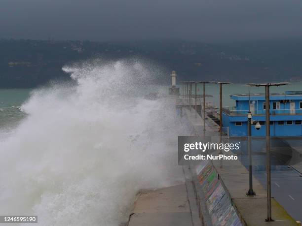 Strong waves hit the Varna's harbour lighthouse some 450 km. East of the Bulgarian capital Sofia, Friday, Jan. 27, 2023. Bulgaria's main Black Sea...