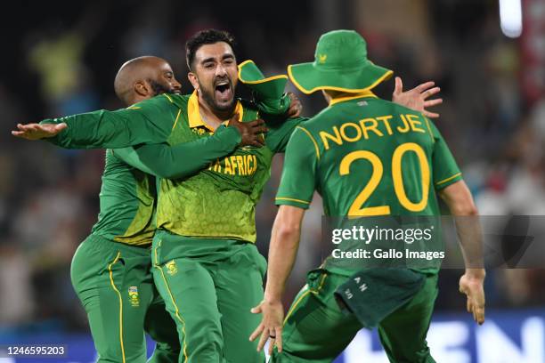 Tabraiz Shamsi celebrates the wicket of Olly Stone of England during the ICC CWCSL, 1st Betway ODI match between South Africa and England at Mangaung...