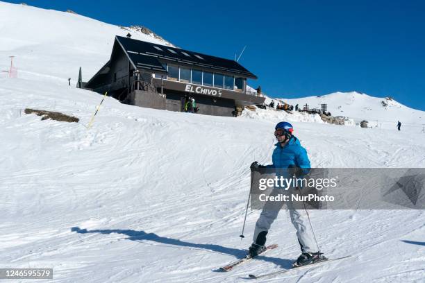 Young man practices skiing on the El Chivo slope in the Alto Campoo or Branavieja ski and mountain resort, which is located in the municipality of...