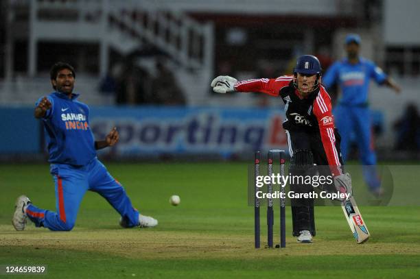 Graeme Swann of England is run out by Munaf Patel of India during the 4th Natwest One Day International match between England and India at Lord's...