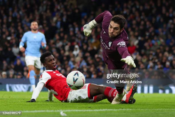 Eddie Nketiah of Arsenal reacts as a chance goes wide during the Emirates FA Cup Fourth Round match between Manchester City and Arsenal at Etihad...
