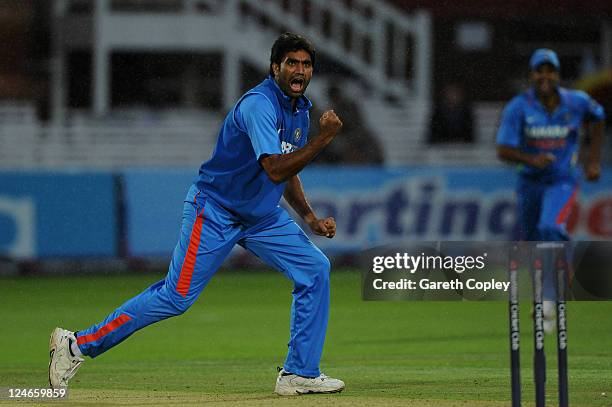 Munaf Patel of India celebrates after a direct hit to run out Graeme Swann of England during the 4th Natwest One Day International match between...